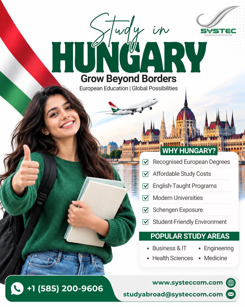 Systeccom's tweet photo. STUDY IN HUNGARY. BUILD YOUR FUTURE IN EUROPE. ๐ญ๐บ
๐ฉ studyabroad@systeccom.com
๐ https://t.co/m3ZcdWSaCb
๐ +1 (585) 200-9606
#StudyInHungary #StudyAbroad #StudyInEurope #InternationalStudents #StudentAbroad #StudyOverseas #Systeccom https://t.co/HeLMaesg6c