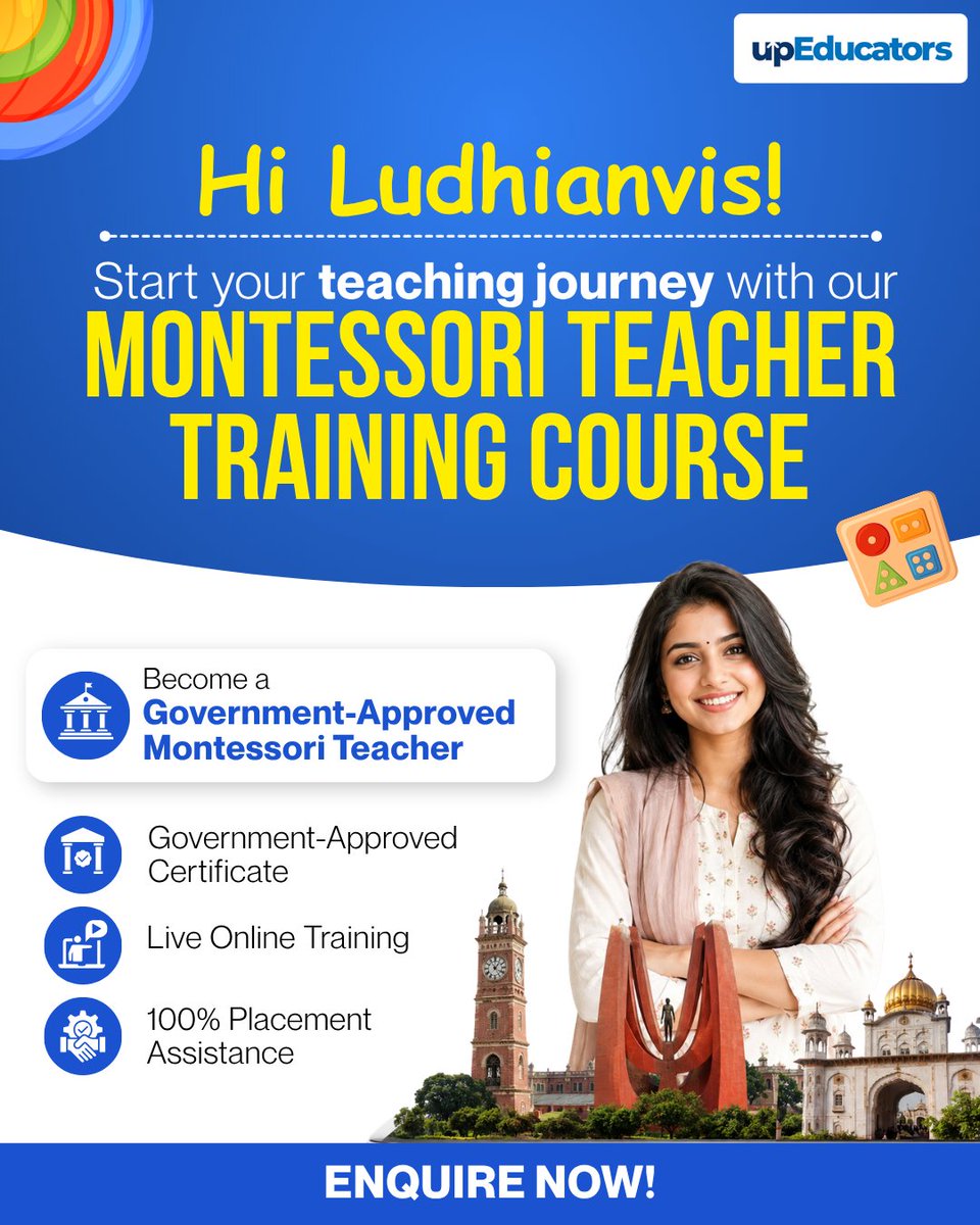 upEducators's tweet photo. Join Ludhiana’s Best Montessori Teacher Training Course in 2026 by upEducators 👩‍🏫📚

#MontessoriTeacherTraining #MontessoriCourse #MontessoriTeacher #TeacherTraining #TeacherTrainingCourse #Ludhiana #LudhianaTeachers #TeachingCareer #EarlyChildhoodEducation https://t.co/PhPuyTaNNQ