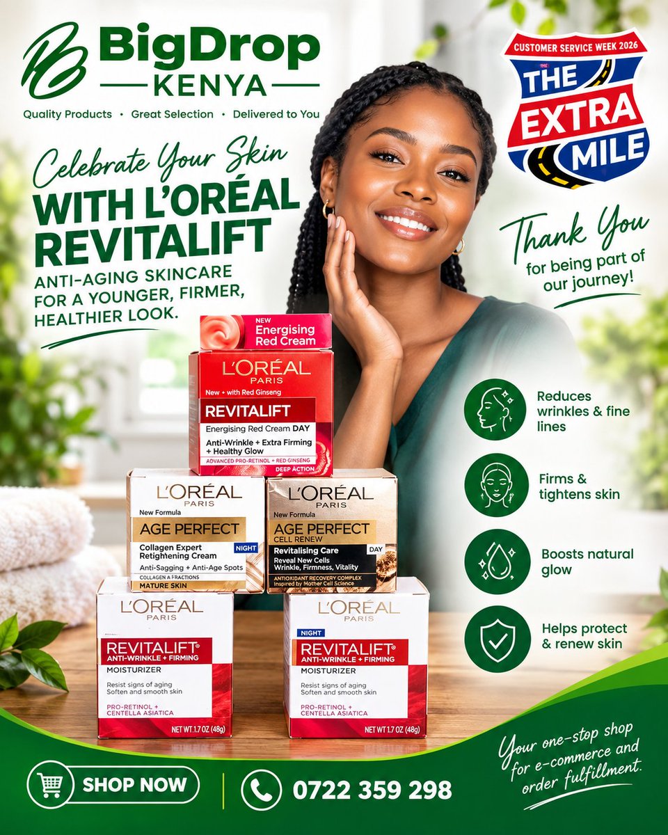 bigdrop_ke's tweet photo. 𝐂𝐄𝐋𝐄𝐁𝐑𝐀𝐓𝐄 𝐘𝐎𝐔𝐑 𝐒𝐊𝐈𝐍 𝐖𝐈𝐓𝐇 𝐋’𝐎𝐑É𝐀𝐋 𝐑𝐄𝐕𝐈𝐓𝐀𝐋𝐈𝐅𝐓
0722 359 298
orders@bigdrop.co.ke
#BigDropKenya #CustomerServiceWeek2026 #TheExtraMile #LorealParis #LorealRevitalift #AgePerfect #SkincareKenya #BeautyKenya #AntiAgingSkincare #SkincareRoutine #fyp https://t.co/4c3R1zZQUs