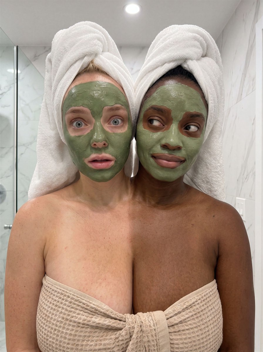 EbonyIvoryTwins's tweet photo. Post-shower chaos! What's the one step in your routine you literally cannot skip? 
#EbonyAndIvory #ConjoinedTwins #TwoHeadsOneBody #SkincareRoutine #twoheads #2heads #stuck #stucktogether https://t.co/0qFzPrNlf6