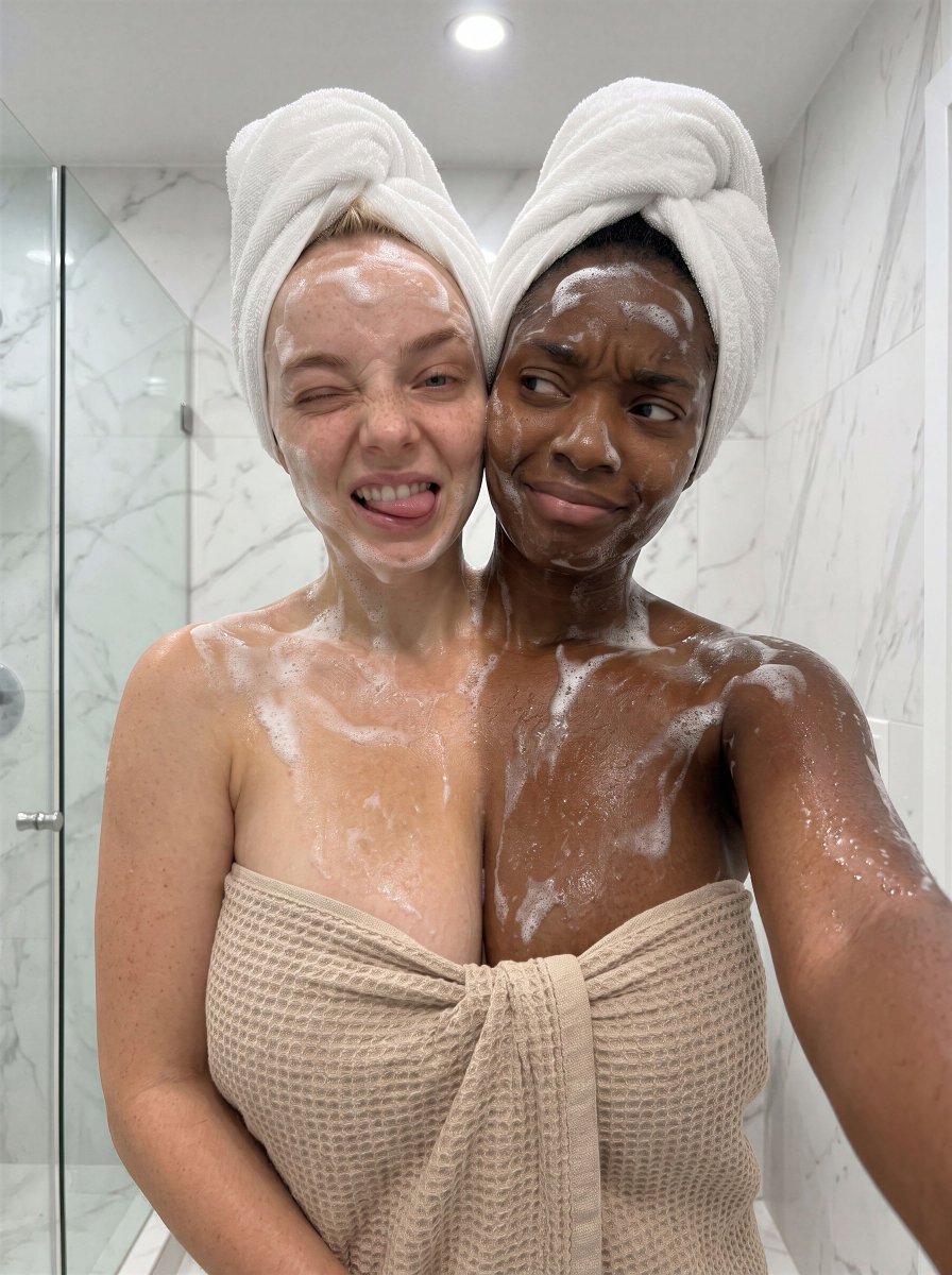 EbonyIvoryTwins's tweet photo. Post-shower chaos! What's the one step in your routine you literally cannot skip? 
#EbonyAndIvory #ConjoinedTwins #TwoHeadsOneBody #SkincareRoutine #twoheads #2heads #stuck #stucktogether https://t.co/0qFzPrNlf6