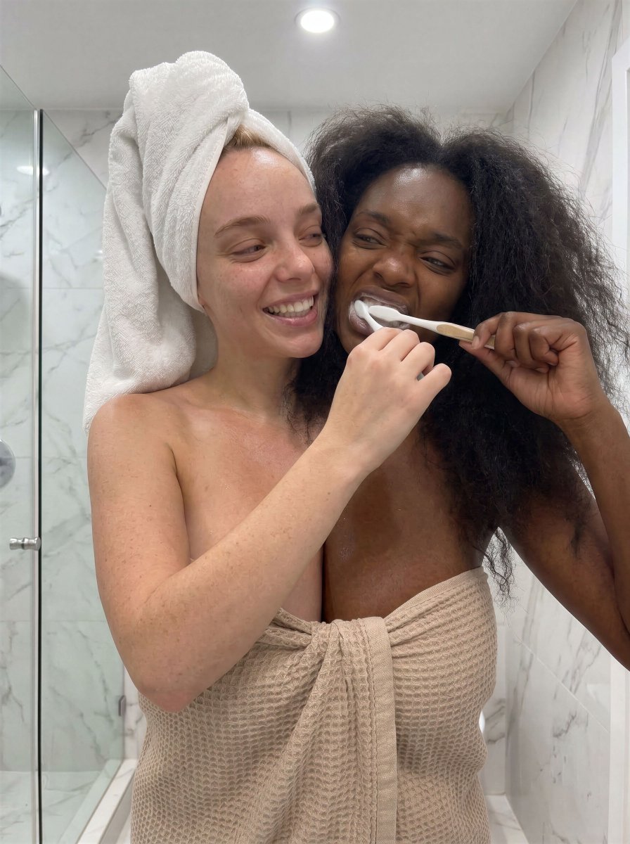 EbonyIvoryTwins's tweet photo. Post-shower chaos! What's the one step in your routine you literally cannot skip? 
#EbonyAndIvory #ConjoinedTwins #TwoHeadsOneBody #SkincareRoutine #twoheads #2heads #stuck #stucktogether https://t.co/0qFzPrNlf6