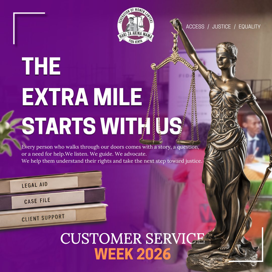 fidakenya's tweet photo. At FIDA-Kenya, every interaction is an opportunity to make access to justice more meaningful.

From providing legal advice and representation to guiding women through complex legal processes, our work is about meeting people where they are and helping them understand their rights and available pathways to justice.

This Customer Service Week, we recognise the dedication behind every consultation, every referral, every follow-up and every case handled with care.

#CustomerServiceWeek #AccessToJustice #LegalAid