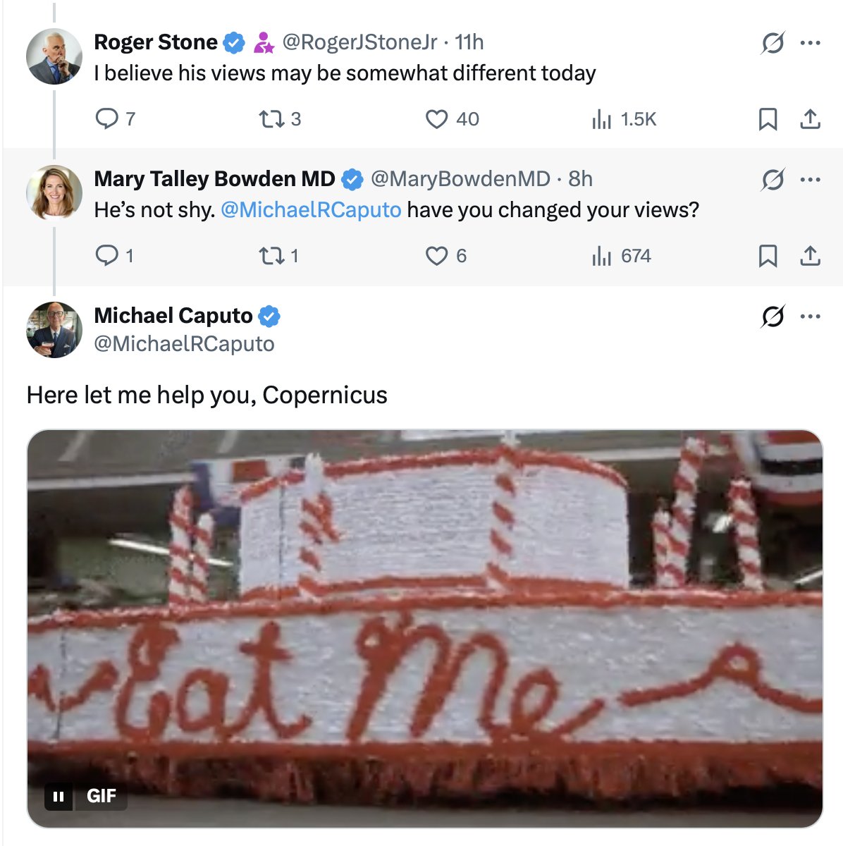 MaryBowdenMD's tweet photo. Former United States Assistant Secretary of Health &amp; Human Services for Public Affairs @MichaelRCaputo told me to "eat him" when I asked if his views on the COVID shot had changed. He was just appointed to the President's cancer panel. https://t.co/p8qUFiIjL4