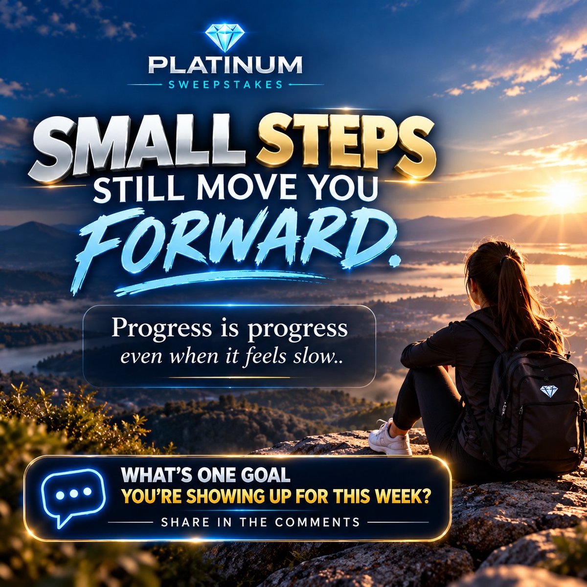 PlatinumSweeps's tweet photo. SMALL STEPS STILL MOVE YOU FORWARD.
You don’t have to
change everything overnight.
Just keep showing up.
Progress is progress—
even when it feels slow. 📷
📷 What’s one goal you’re showing up for this week? #motivationalmonday #platinumsweeps https://t.co/FcewKSmx95