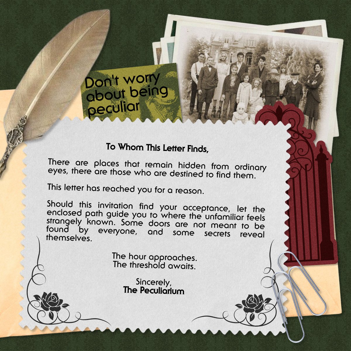 13thPeculiar's tweet photo. Dear @renebae_bae @kyungmiwn @shvngen

A letter from 𝗣𝗲𝗰𝘂𝗹𝗶𝗮𝗿𝗶𝘂𝗺 has found its way to you. Before proceeding any further, we kindly ask that you take a moment to read the enclosed letter and uncover what awaits within its peculiar lines.

Sincerely,
Peculiarium. https://t.co/kEVyGN8dLk