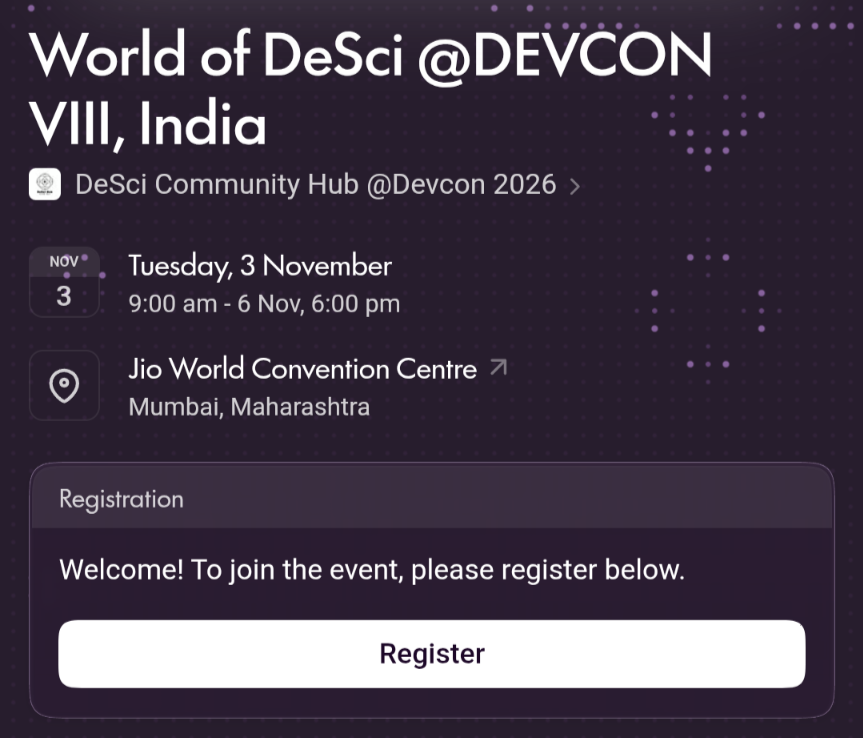 DeSciIndia's tweet photo. 🚨 It’s official: DeSci Community Hub RSVPs for @EFDevcon is now OPEN!
Curious about what happens when science meets open collaboration, new funding models, and decentralized communities?
Whether you’re deep into #DeSci or thinking “Wait, what even is DeSci?”, you’re welcome. 👀
Come meet researchers, builders, founders, students. Just bring your curiosity. 🧬🌐
🎟️ RSVP: https://t.co/8dIfJz8jeC
See you there!
#DeSciIndia #DecentralizedScience #OpenScience #Web3 #Devcon #Blockchain #Ethereum #Crypto