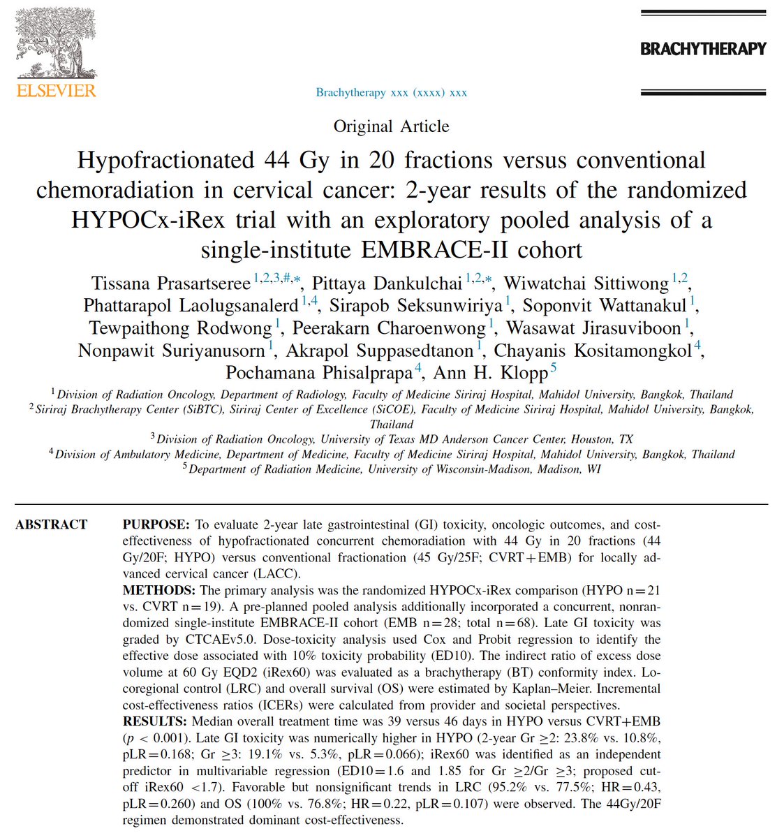 drluismorenos's tweet photo. Hypofractionated 44 Gy in 20 fractions versus conventional chemoradiation in cervical cancer: 2-year results of the randomized HYPOCx-iRex trial with an exploratory pooled analysis of a single-institute EMBRACE-II cohort

https://t.co/JyuL0EDyZm https://t.co/SQqhNqw8ph