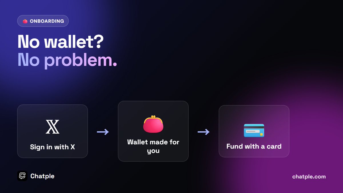 Chatple_com's tweet photo. @cryptorover When the FOMO wave hits, most of the new money won't know what a seed phrase is. That's who $CHATPLE is built for: sign in with X, a wallet gets made for you, and you can back your favorite streamer's coin in about a minute. https://t.co/plkKKy1rZf