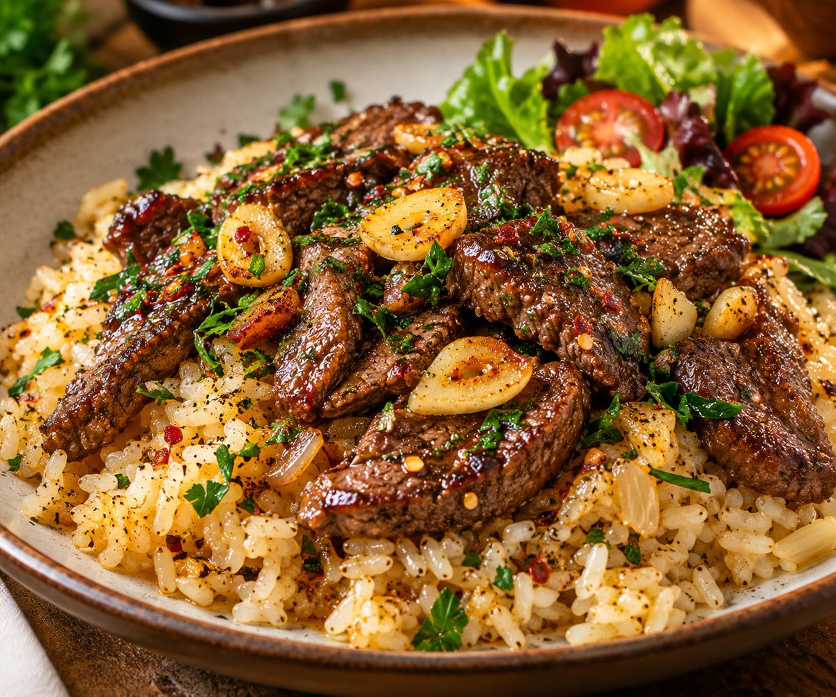 SpoonandSoul's tweet photo. SAVORY BEEF & GARLIC BUTTER RICE 🍚🧄🍖
"Rich, savory, and full of garlic-butter goodness"

 Ingredients
For the beef:
500 g beef steak or tender beef, thinly sliced
1 tbsp soy sauce
1 tbsp oyster sauce
1 tsp Worcestershire sauce
1 tsp honey or brown sugar
1 tsp freshly ground black pepper
½ tsp paprika
½ tsp chili flakes, optional
1 tbsp cooking oil

For the garlic butter rice:
2 cups long-grain or basmati rice
3 cups water or beef stock
3 tbsp butter
5–6 garlic cloves, finely minced
½ small onion, finely chopped
½ tsp salt, or to taste
½ tsp black pepper
1 tbsp chopped fresh parsley

For finishing:
2 tbsp butter
2–3 garlic cloves, thinly sliced
1 tbsp chopped parsley
Chili flakes
Freshly cracked black pepper
Lemon wedges

 Method
1. Marinate the beef:
Place the sliced beef in a bowl. Add soy sauce, oyster sauce, Worcestershire sauce, honey, black pepper, paprika and chili flakes. Mix well and let it marinate for 20–30 minutes.
2. Prepare the rice:
Rinse the rice until the water runs mostly clear. Melt 3 tablespoons of butter in a saucepan over medium heat. Add the chopped onion and cook for 2–3 minutes until softened.
Add the minced garlic and cook for about 30 seconds, just until fragrant.
Add the rinsed rice and stir for 1–2 minutes so the grains become lightly coated in the garlic butter.
Pour in the water or beef stock. Add salt and black pepper. Bring to a boil, then reduce the heat to low. Cover and cook for 15–18 minutes, or until the rice is tender and the liquid has been absorbed.
Turn off the heat and let the rice rest, covered, for 5–10 minutes. Fluff gently with a fork and stir through the chopped parsley.
3. Cook the beef:
Heat a large skillet or frying pan over high heat. Add the cooking oil.
Add the beef in a single layer, working in batches if necessary so the pan doesn't become crowded. Sear for about 2–3 minutes per side, depending on the thickness and desired doneness.
Remove the beef and let it rest briefly.
4. Make the garlic-butter finish:
Reduce the heat to medium. Add 2 tablespoons of butter to the same pan.
Add the sliced garlic and cook for about 30–60 seconds, stirring constantly, until lightly golden and fragrant. Be careful not to burn it.
Return the beef to the pan and toss everything together for another minute, allowing the garlic butter and pan juices to coat the meat.

To Serve:
Spoon the warm garlic-butter rice onto a large serving plate. Arrange the savory beef generously over the top.
Finish with the golden garlic slices, fresh parsley, cracked black pepper and a sprinkle of chili flakes. Add a squeeze of fresh lemon just before serving if you like a little brightness.
Serve immediately with a simple green salad, steamed vegetables or roasted broccoli.

 Tip:
 For especially tender beef, slice it thinly against the grain and avoid overcrowding the pan. A very hot skillet gives the beef a beautiful browned crust while keeping the inside juicy.🍚🧄🍖