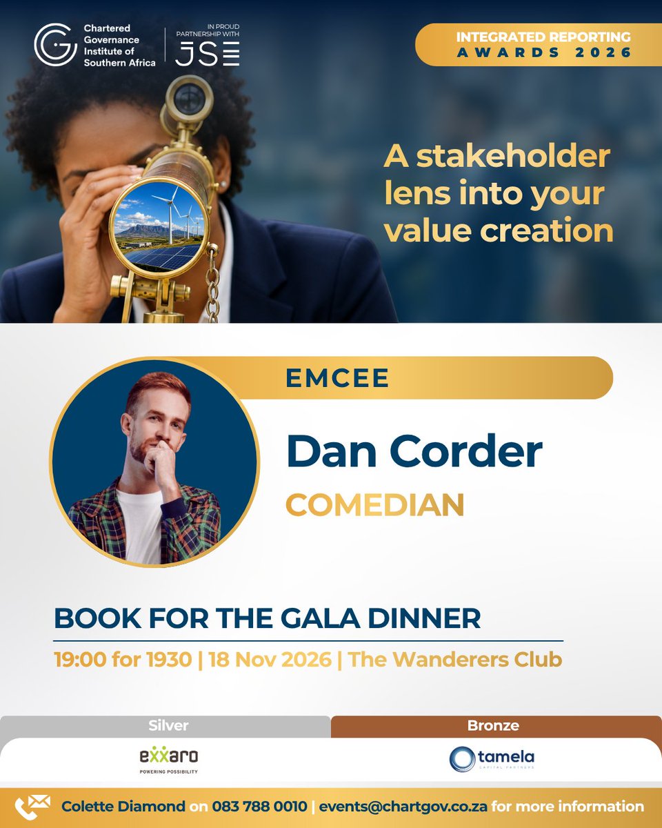 chartgov's tweet photo. 🎤 Your 2026 #IntegratedReportingAwards MC: @DanCorderOnAir.
Join us for an evening of recognition, connection and celebration as Southern Africa’s reporting excellence takes centre stage. 🏆
Book now: https://t.co/AWQ2djXaD2
#CGISA #IntegratedReporting #CorporateReporting https://t.co/pZNMKlGWj3