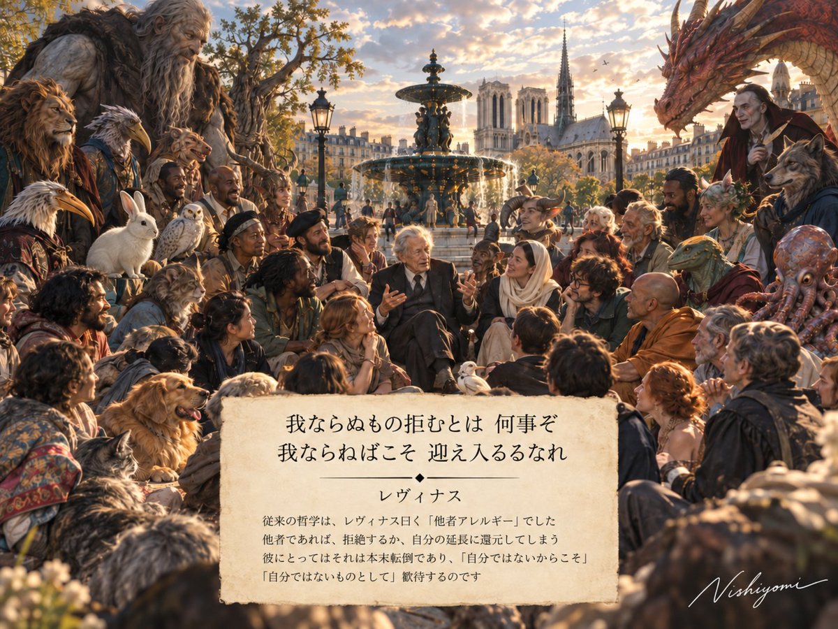 Philosophy0428's tweet photo. 我ならぬもの拒むとは 何事ぞ
我ならねばこそ 迎え入るるなれ

レヴィナス

従来の哲学は、レヴィナス曰く「他者アレルギー」でした
他者であれば、拒絶するか、自分の延長に還元してしまう
彼にとってはそれは本末転倒であり、「自分ではないからこそ」「自分ではないものとして」歓待するのです