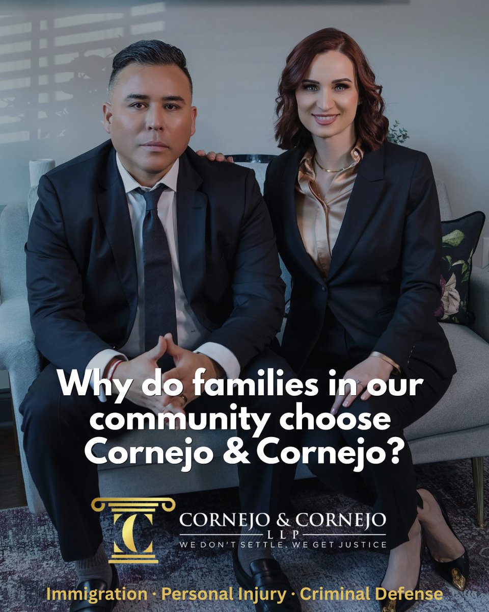 Cornejo_Law's tweet photo. A car accident? A criminal charge? An immigration concern? When challenges overlap, having a team that understands your situation can make all the difference.

At Cornejo & Cornejo, we bring immigration, personal injury, and criminal defense together under one firm giving you a team to turn to when you need guidance, support, and strong representation.

Whatever you’re facing, you don’t have to face it alone.

📞 Call 844-CORNEJO or send us a message to schedule a consultation. ✨

We don’t settle. We get justice.👊🏼🇺🇸
#CornejoAndCornejo #lawfirm #immigrationlawyer #personalinjurylawyer #criminallawyer