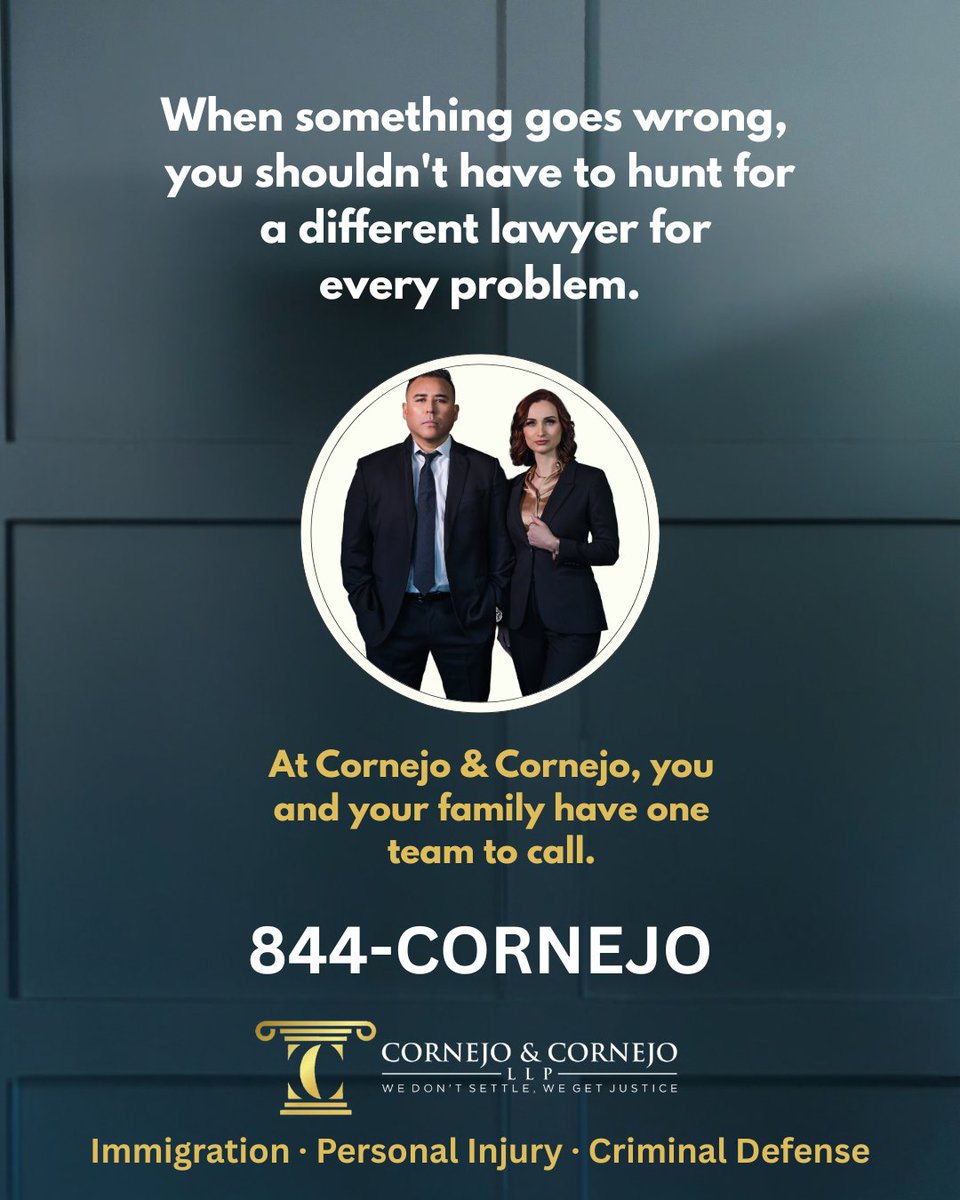 Cornejo_Law's tweet photo. A car accident? A criminal charge? An immigration concern? When challenges overlap, having a team that understands your situation can make all the difference.

At Cornejo & Cornejo, we bring immigration, personal injury, and criminal defense together under one firm giving you a team to turn to when you need guidance, support, and strong representation.

Whatever you’re facing, you don’t have to face it alone.

📞 Call 844-CORNEJO or send us a message to schedule a consultation. ✨

We don’t settle. We get justice.👊🏼🇺🇸
#CornejoAndCornejo #lawfirm #immigrationlawyer #personalinjurylawyer #criminallawyer