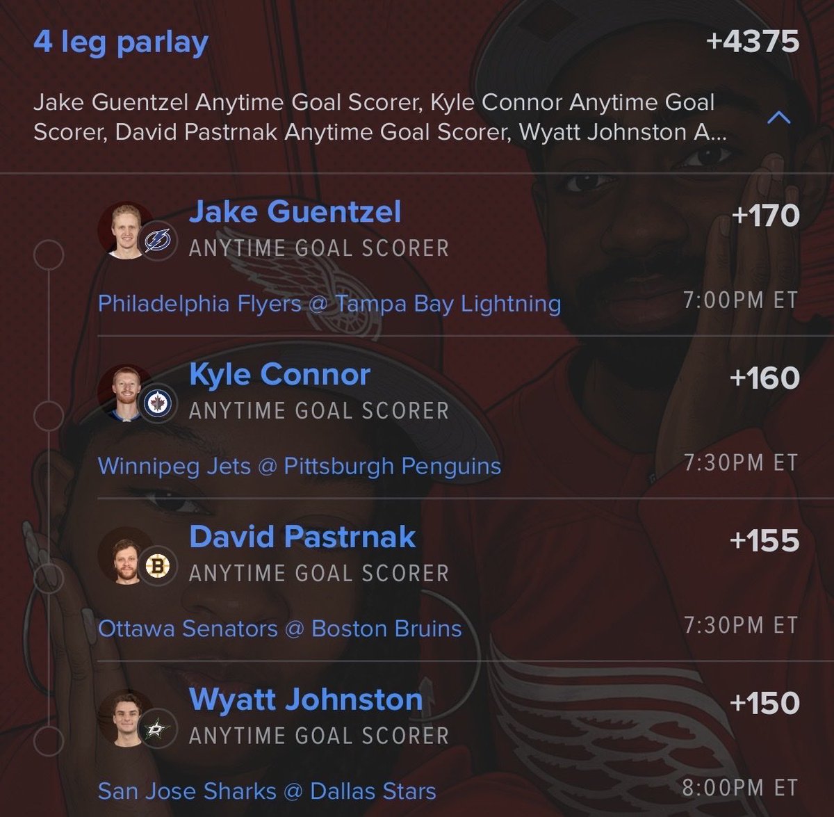 BrookieJ07's tweet photo. 4 Leg Bomb Collab with @YungD3LL 🤑💣🏒
We’ve been 7/8 the last 2 days with goals. We tryna cash again 💰 

RR by 3s if u want. Giveaway when it hits 🎊🎉 @Playbook 

(P.S. He was trolling me putting his hand on his face 🤣) https://t.co/15sQDsrmak