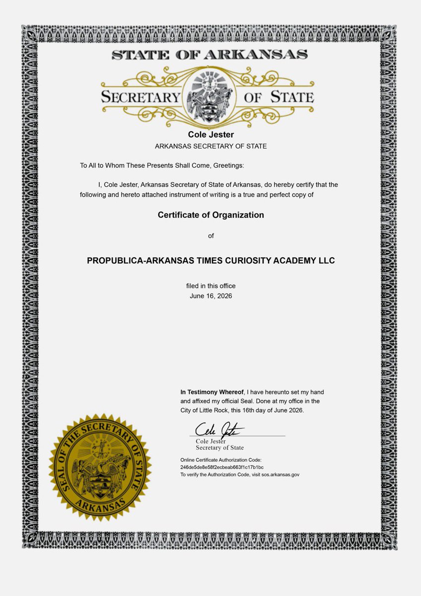 DittiePE's tweet photo. It took ProPublica reporters $45 and a flag to start a private school in Arkansas. No teaching experience. No background check. Nobody asked what they'd teach or how they'd measure whether kids were learning.

Last month I showed you Alpha School getting rejected as a charter in Texas, then approved for the state's voucher program anyway. This is that same pipeline with even fewer guardrails.

In Arkansas, the reporters registered an LLC online and got a certificate the same day. Then they applied to get public money as a microschool. It took about 10 minutes and two documents. No accreditation, no proof of financial solvency, and no cap on how many students they could enroll. They set their tuition at $7,208, the exact voucher amount per student. When they asked the state about it, an Education Department employee didn't reject them. He suggested ways they could still get the money.
In West Virginia they filed on notebook paper. The state told them to take the "microschool route," where no one has any oversight. The department says it does not approve or deny microschools for any reason, including the qualifications of the owner. Unlimited students, by law.

The reporters never took a dime and never enrolled a kid. 

But nothing stopped them from doing either. Arkansas has gone from under 100 private schools to more than 220 since its voucher program started, plus 143 microschools approved this year alone.

Anyone can open one. The state can't stop you. And your tax dollars are paying for it all.