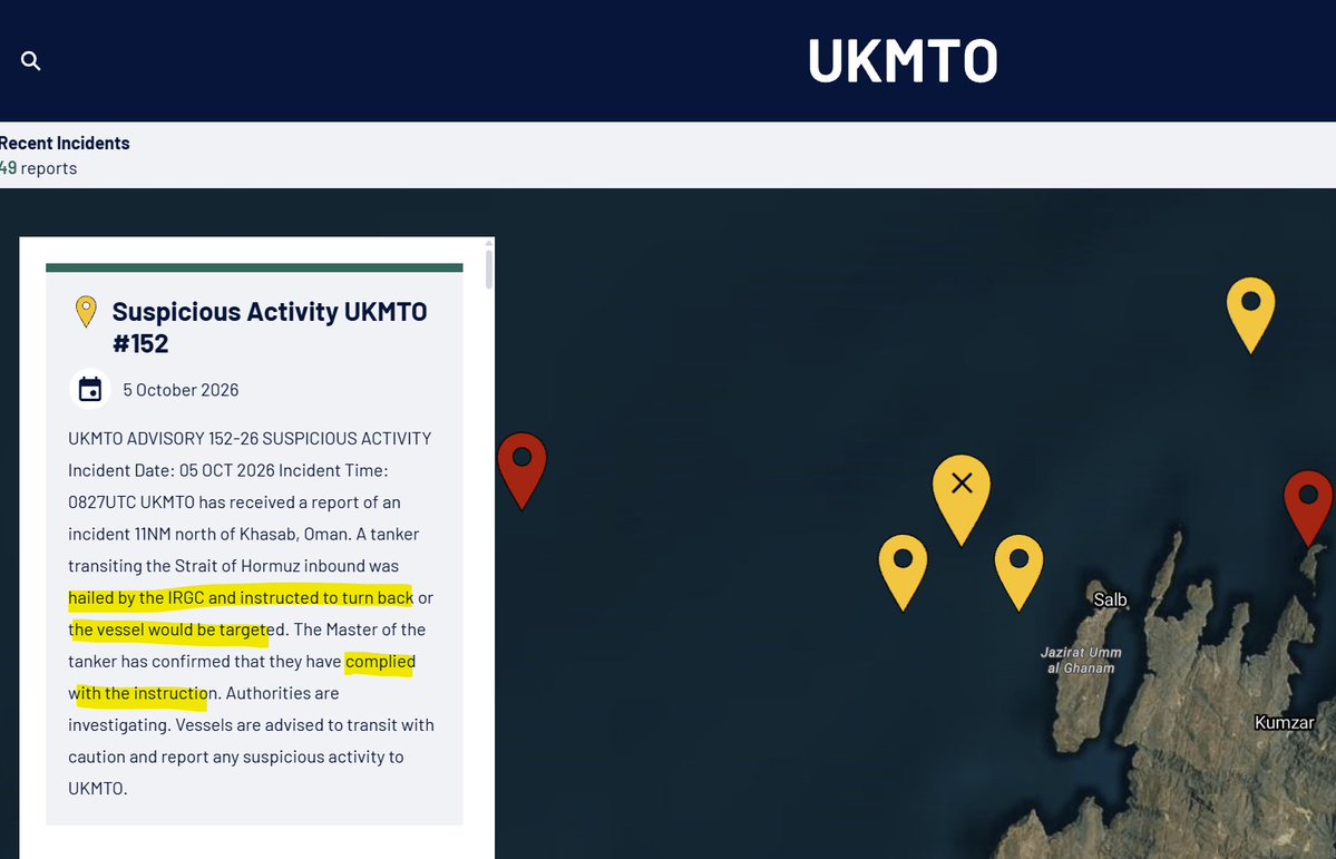 Rory_Johnston's tweet photo. Inbound tanker transiting Hormuz hailed by the IRGC, told to turn back or would be targeted; turned back.

Not an attack, but actually arguably a more impressive demonstration of control.

UKMTO: https://t.co/Vf53FBB5vJ