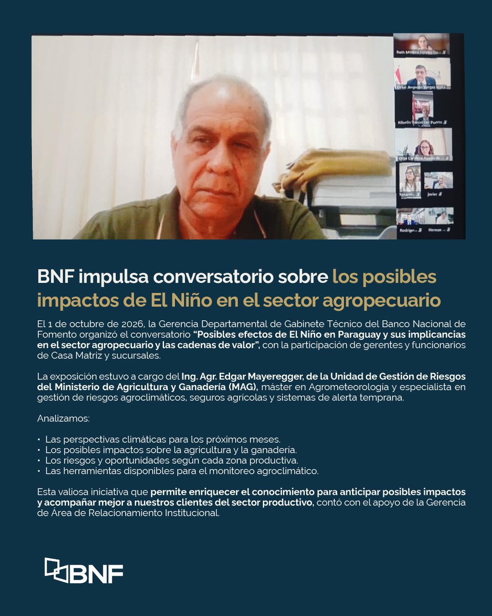 BNF_Py's tweet photo. 🌱 El BNF impulsó un conversatorio sobre los posibles impactos de El Niño en el sector agropecuario, con la participación del Ing. Agr. Édgar Mayeregger, del MAG. 🌧️
Se analizaron riesgos climáticos y herramientas de alerta para anticipar impactos y acompañar a nuestros clientes. https://t.co/BtaNhB0nnK