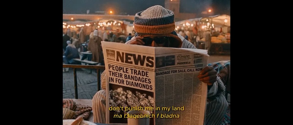 A person wearing a colorful knit beanie reads a newspaper with headlines reading "NEWS: PEOPLE TRADE THEIR BANDAGES IN FOR DIAMONDS" and "BANDAGE FOR SALE, CALL NOW," with subtitles "don't punish me in my land" and "ma t3aqebnich f bladna."