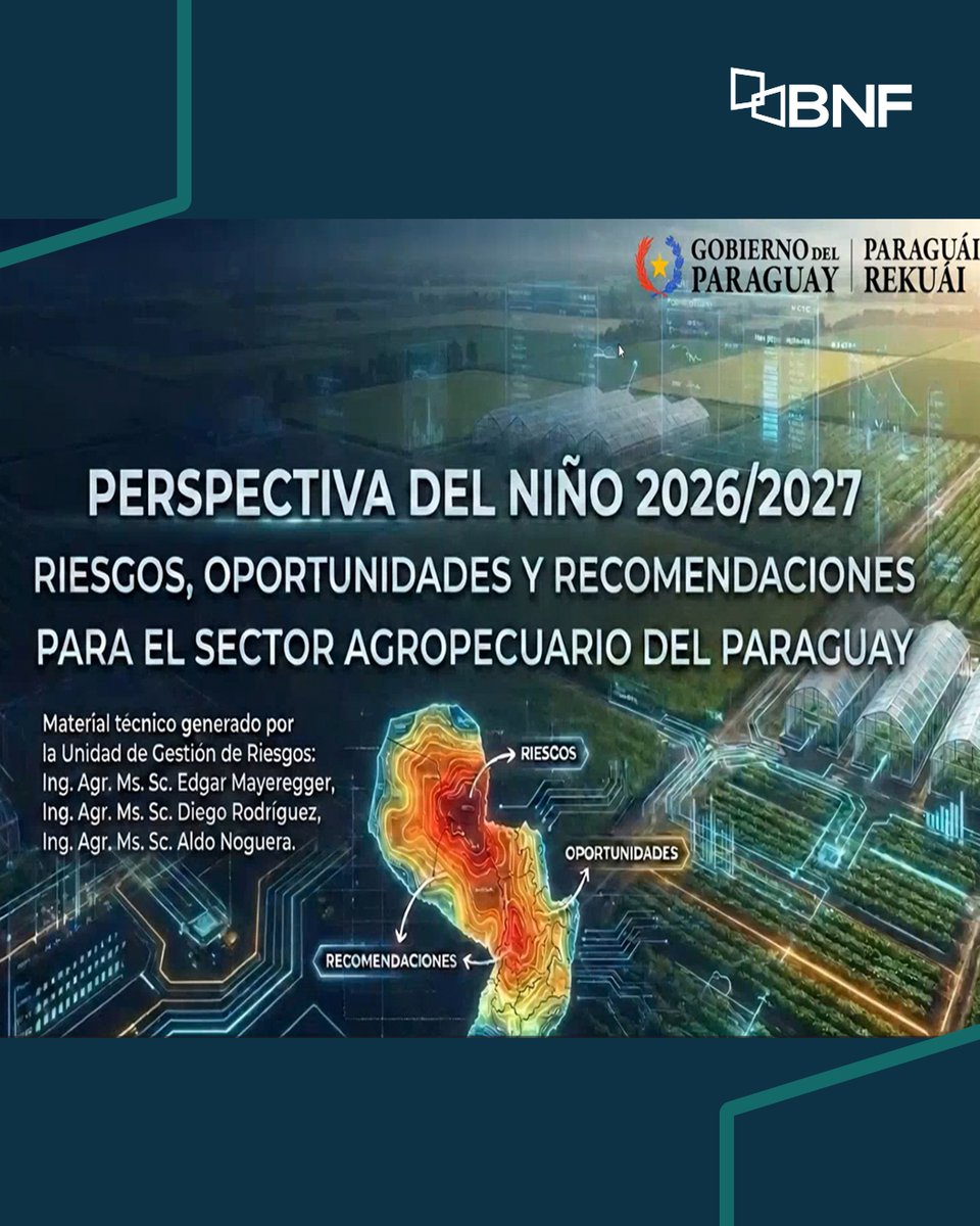 BNF_Py's tweet photo. 🌱 El BNF impulsó un conversatorio sobre los posibles impactos de El Niño en el sector agropecuario, con la participación del Ing. Agr. Édgar Mayeregger, del MAG. 🌧️
Se analizaron riesgos climáticos y herramientas de alerta para anticipar impactos y acompañar a nuestros clientes. https://t.co/BtaNhB0nnK