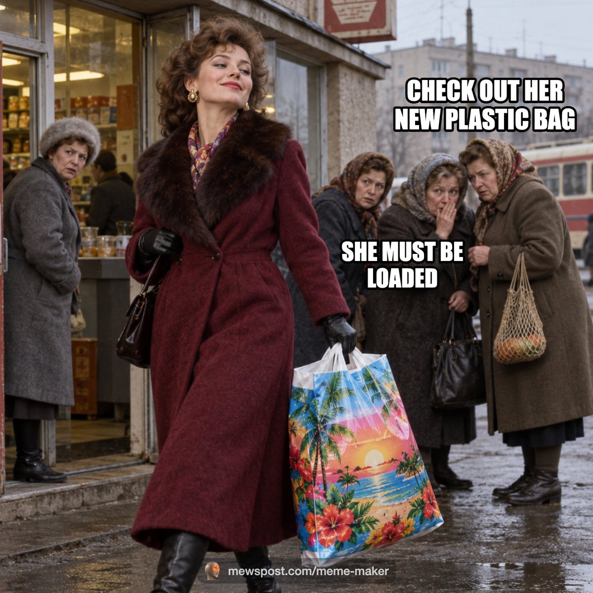 mewspost's tweet photo. Soviet Woman Seen Flexing Exotic Plastic Bag

Context:

In the Soviet Union, plastic bags could be rare enough that people washed, dried, and reused them. Bags with colorful designs or foreign branding were especially prized and could even become status symbols.

Basically, she wasn’t carrying groceries. She was carrying generational wealth.