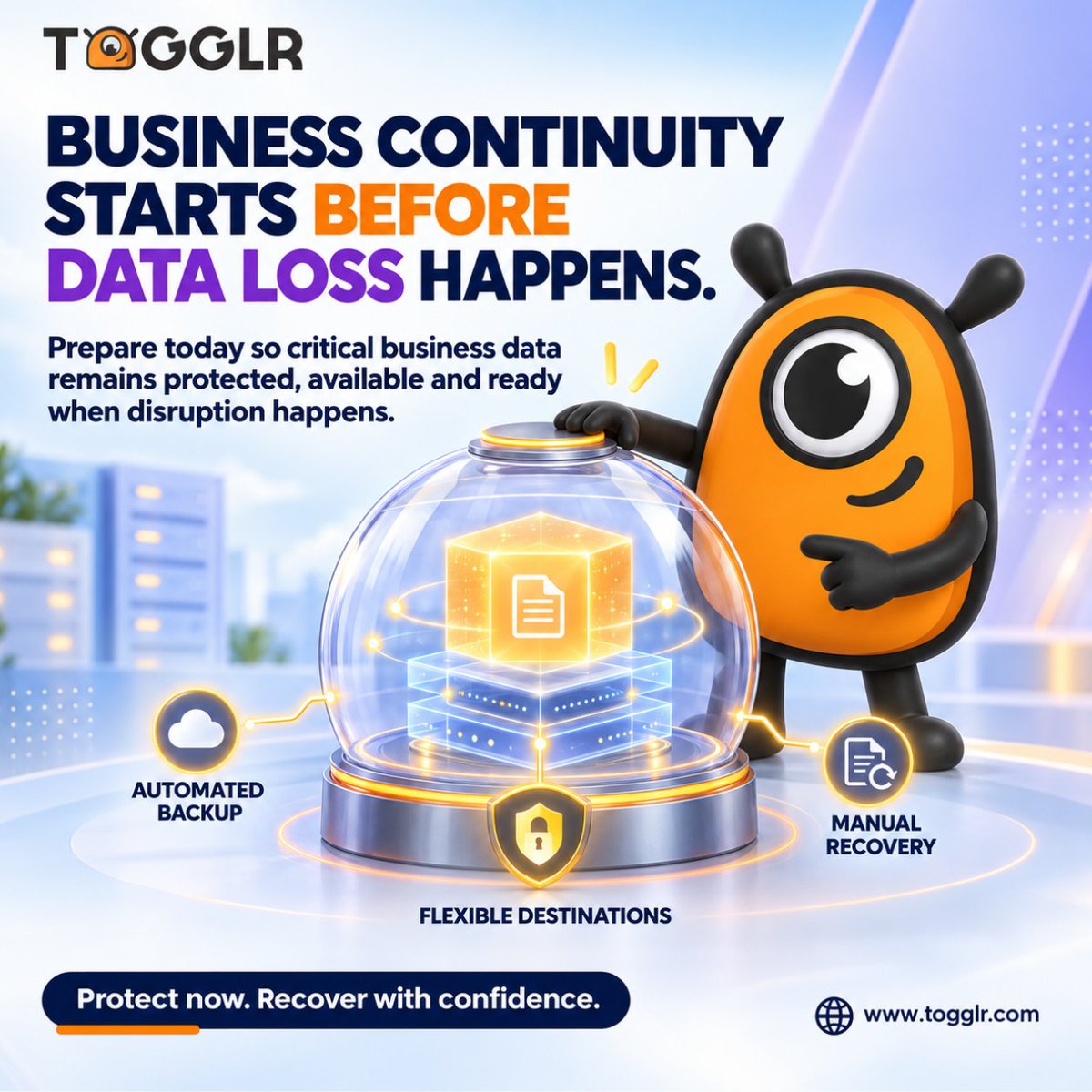 togglrcloud's tweet photo. Business continuity starts before data loss happens. Togglr Safe brings automated backup, flexible destinations and recovery together to help protect critical business data. Is your organization recovery-ready? #DataBackup https://t.co/xXOIjAcbZC