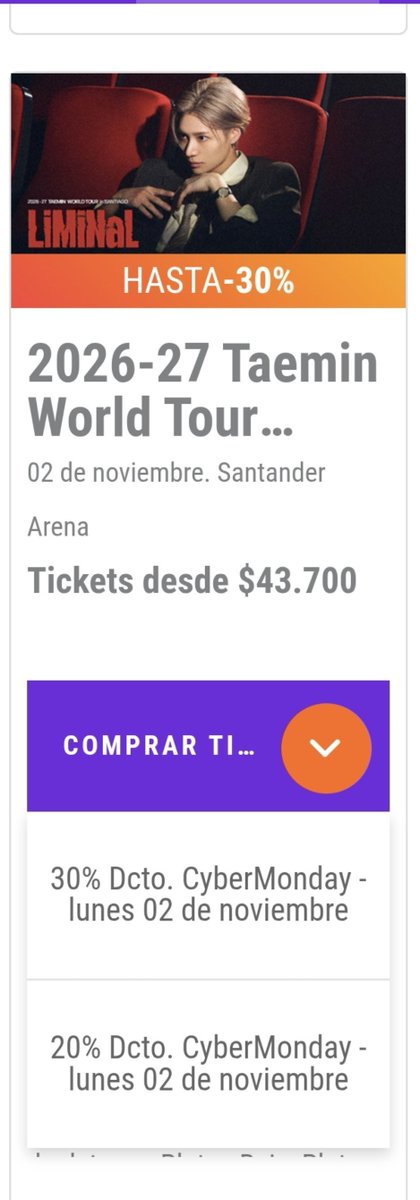Maria_Shinee95's tweet photo. Por si a alguien le interesa aun venir a chile o son de acá, punto ticket ya tiene en su página los descuentos por cyber y estos son para el tour de taemin acá en chile @Taemin_Xoalsox_ @TaemintsChile @TaeminArgentina @TAEMINPERU https://t.co/lK4pW2qPbZ