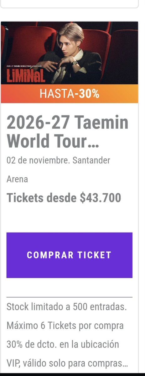 Maria_Shinee95's tweet photo. Por si a alguien le interesa aun venir a chile o son de acá, punto ticket ya tiene en su página los descuentos por cyber y estos son para el tour de taemin acá en chile @Taemin_Xoalsox_ @TaemintsChile @TaeminArgentina @TAEMINPERU https://t.co/lK4pW2qPbZ