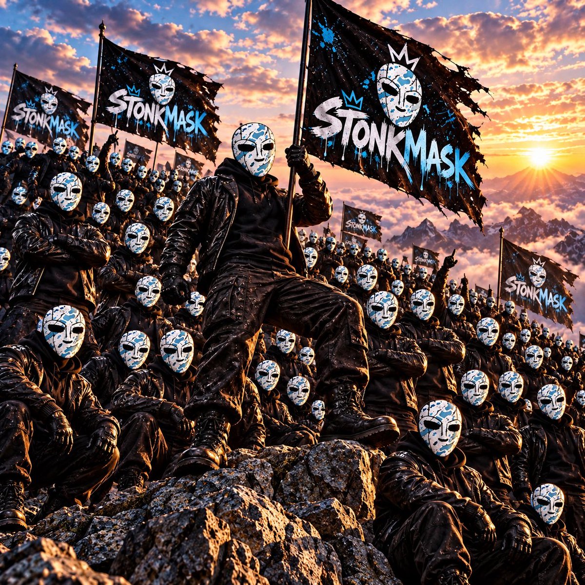 stonkmask's tweet photo. One mask became a movement 

Now the whole army has arrived 

THE MASK STAYS ON 🎭💰

$STONKMAS is coming https://t.co/g8Wguuh0td