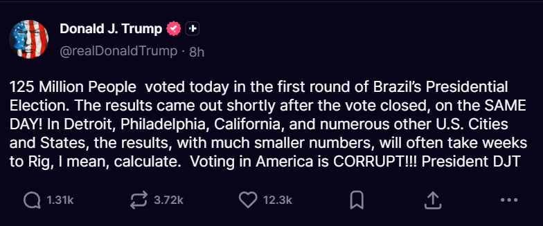 17QStorm's tweet photo. 125 million Brazilians voted yesterday. The country had a result the same night.

Trump just said it plain. Detroit, Philadelphia, and California will spend weeks “calculating” a fraction of that number.

That is not a logistics problem. That is the window.

Democrats spent the year blocking the SAVE Act. Proof of citizenship. Photo ID. They called it suppression. Brazil’s electoral court had nearly the full count before some American cities finish a city council race.

Every extra day is another truck, another drop box, another “found” batch in a county that already knows the margin. They do not need more time. A same-day count ends the operation.

November 3 is 29 days out. Voting in America is not slow. It is slow where the cheat lives.