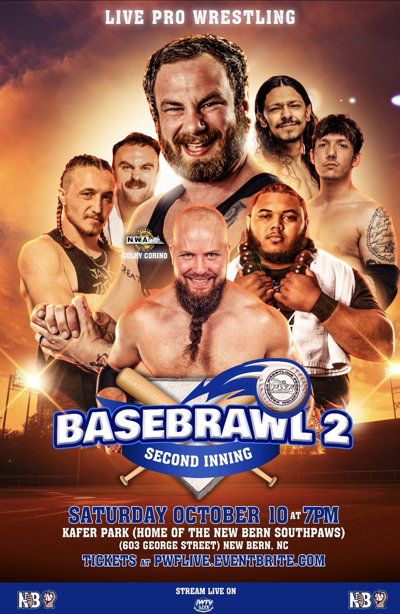 PWFLive's tweet photo. It’s SHOW WEEK!

The MLB Postseason isn’t the only thing on the field. Saturday night, the stars of the PWF take the field at Kafer Park in New Bern, home of the @SouthpawsONSL . 

We will announce the Main Event tonight at 7:55pm tonight!

Get your tickets at https://t.co/BCJFnSngsw now!