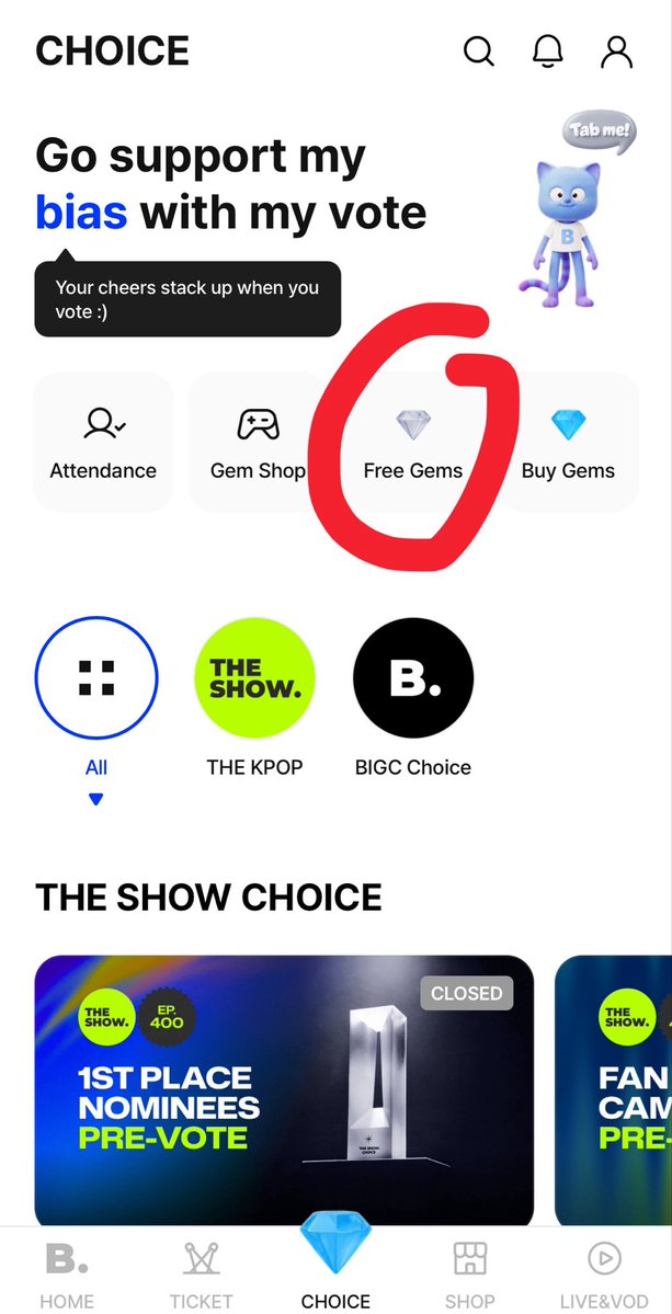 NFSupportCenter's tweet photo. 🗳️ | Don’t forget to collect daily free gems on BIGC app ☺️ 

1. Navigate to “CHOICE” 💎 
2. Then click “Free Gems”
3. There are easy daily tasks you can do, plus 30 available video ads 

#NFlying #엔플라잉 https://t.co/TZnBYvb0wZ