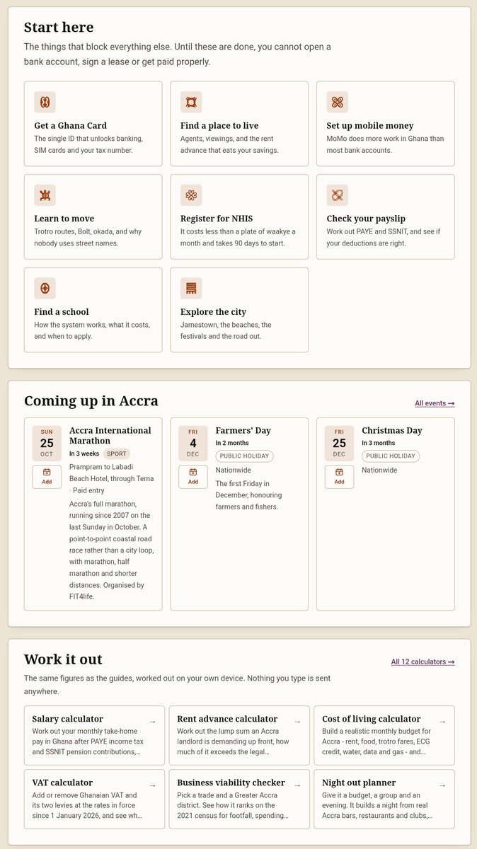 peratov's tweet photo. I’ve really enjoyed building https://t.co/4FMBh8NgxV 🇬🇭

When I moved to Berlin, @aboutberlin made settling in so much easier for me. It got me thinking: every city deserves something like that.

So I built one for Accra, a practical guide to help people settle. https://t.co/cuLD23laKb