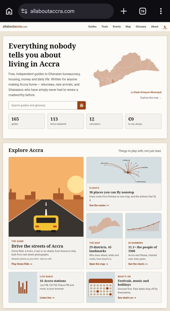 peratov's tweet photo. I’ve really enjoyed building https://t.co/4FMBh8NgxV 🇬🇭

When I moved to Berlin, @aboutberlin made settling in so much easier for me. It got me thinking: every city deserves something like that.

So I built one for Accra, a practical guide to help people settle. https://t.co/cuLD23laKb