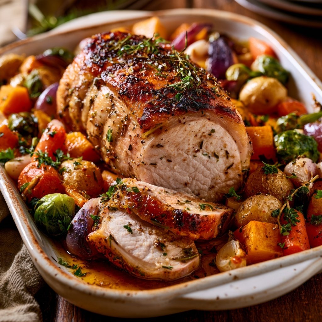 SpoonandSoul's tweet photo. HERBED PORK AND AUTUMN VEGETABLE ROAST 🍖🥕🥔🌿
"Cozy autumn flavors in every bite"

 Ingredients
For the pork:
1–1.2 kg boneless pork loin or pork roast
2 tbsp olive oil
4 garlic cloves, minced
1 tbsp fresh rosemary, finely chopped
1 tbsp fresh thyme leaves
1 tsp dried sage
1 tsp paprika
1½ tsp salt
1 tsp freshly ground black pepper
1 tbsp Dijon mustard
1 tbsp honey or maple syrup
1 tbsp lemon juice
For the autumn vegetables
500 g baby potatoes, halved
2 large carrots, cut into chunks
300 g butternut squash, cut into cubes
200 g Brussels sprouts, halved
1 red onion, cut into wedges
5–6 garlic cloves, lightly crushed
2 tbsp olive oil
1 tsp dried thyme
½ tsp rosemary
Salt and black pepper, to taste
For the pan juices
½ cup chicken or vegetable stock
1 tbsp butter
1 tsp Dijon mustard
1 tsp honey or maple syrup

 Method
1. Prepare the pork:
Take the pork out of the refrigerator about 30 minutes before cooking. Pat it dry with paper towels.
In a small bowl, combine olive oil, garlic, rosemary, thyme, sage, paprika, salt, pepper, Dijon mustard, honey and lemon juice.
Rub the mixture generously all over the pork, making sure the seasoning coats every side.
2. Prepare the vegetables:
Preheat the oven to 200°C (400°F).
Place the potatoes, carrots, squash, Brussels sprouts, red onion and crushed garlic in a large roasting dish.
Drizzle with olive oil and sprinkle with thyme, rosemary, salt and pepper. Toss well to coat.
Spread the vegetables around the dish, leaving space in the center for the pork.
3. Sear the pork:
Heat a large oven-safe skillet over medium-high heat. Add a little olive oil and sear the pork for 2–3 minutes on each side, until nicely browned.
This gives the roast a delicious caramelized crust.
4. Roast:
Place the browned pork in the center of the vegetables.
Pour the stock into the bottom of the roasting dish, avoiding pouring it directly over the seasoned pork.
Roast uncovered for approximately 45–65 minutes, depending on the size and thickness of the pork.
For the best result, use a meat thermometer. The thickest part of the pork should reach 63°C (145°F), followed by at least a 3-minute rest.
If the vegetables become too dark before the pork is ready, loosely cover the dish with foil.
5. Make the pan juices:
Transfer the cooked pork to a cutting board and cover loosely with foil.
Place the roasting pan over medium heat if it is stovetop-safe. Add the butter and stir the juices together.
For a slightly sweeter, richer finish, stir in Dijon mustard and honey or maple syrup. Simmer for 2–3 minutes until slightly thickened.
6. Rest and slice:
Allow the pork to rest for 10–15 minutes before slicing. This helps keep the meat juicy.
Slice the pork into thick pieces and arrange them over the roasted vegetables.
Spoon some of the flavorful pan juices over the pork and vegetables.

Serving:
Garnish with fresh rosemary and thyme and serve hot with:
Extra roasted garlic
A crisp green salad
Homemade gravy
Crusty bread
Apple or cranberry sauce

 Tip: 
Don't overcrowd the roasting dish. Giving the vegetables enough space allows them to roast and caramelize rather than steam.🍖🥕🥔🌿