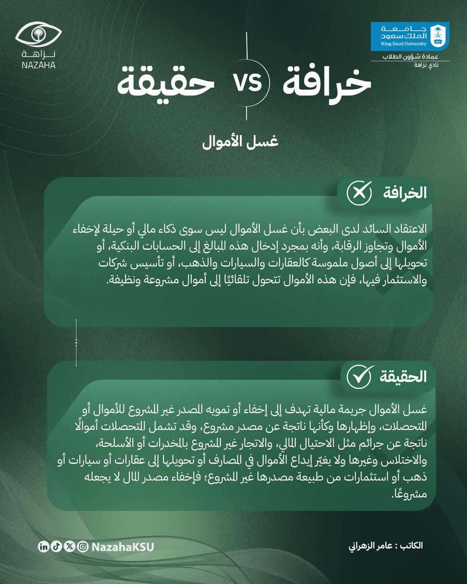 NazahaKSU's tweet photo. خرافة VS حقيقة | 03

هل تتحول الأموال غير المشروعة إلى أموال نظيفة بمجرد إيداعها في البنك أو استثمارها في الأصول؟

في هذا المنشور نكشف الحقيقة ، ونوضح كيف يُعَدّ غسل الأموال جريمةً يُعاقب عليها النظام . https://t.co/A9WDiK6d9m