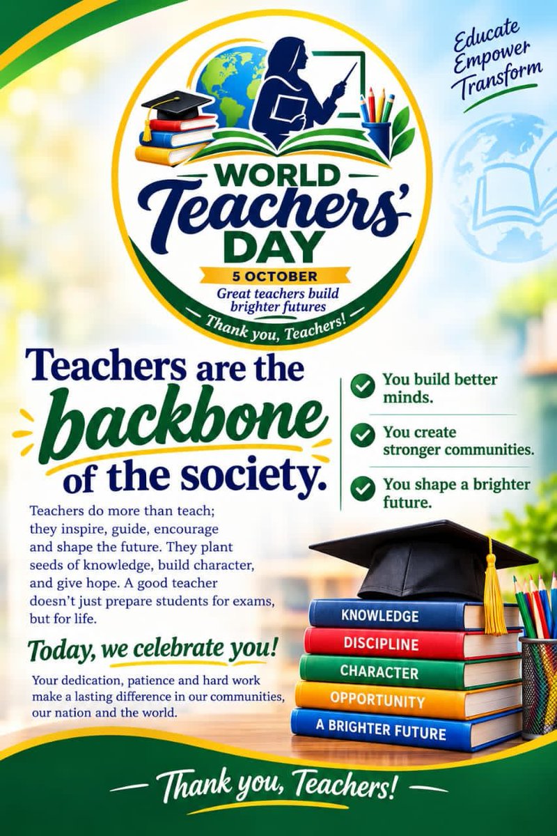 napoleon401's tweet photo. Happy world Teachers DAY to all our esteemed teachers in the house 🏠. 

Thank you for your patience, dedication, and the incredible work you do in shaping minds and building humanity ❤️.

I'll be appreciating 20 teachers under this tweet today. https://t.co/FWNgeC6ldC