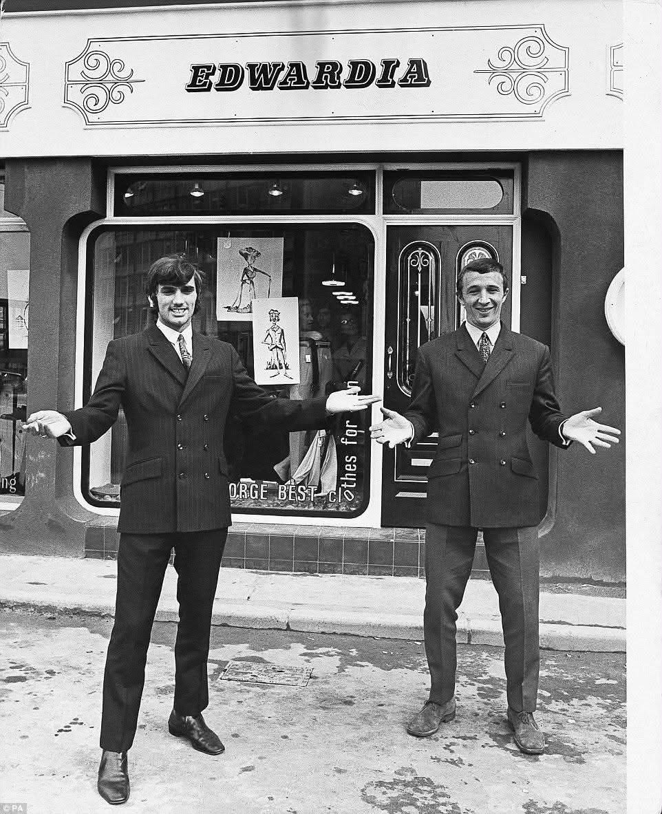 UnitedResale_'s tweet photo. Rivals on the pitch, business partners off it! 🔴🔵

Man United’s George Best and Man City’s Mike Summerbee showing that cross-city rivalry stops at the doorstep of their 1960s boutique, Edwardia ("GEORGE BEST clothes for men")! https://t.co/OzMgVjh9Rw