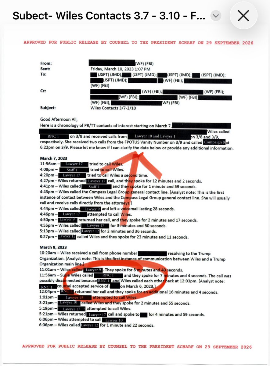 C__Herridge's tweet photo. NEW:  DECLASSIFIED FBI Probe "PLASMIC ECHO"

- Appears to use FBI investigative tool known as a "Pen Register" to target phone calls of then campaign manager @SusieWiles47 

- Allegedly tracked nearly two dozen defense attorneys, five journalists, @FLOTUS, political advisers including @FBIDirectorKash

- Administration official characterizes as "intrusive tactics" by special counsel Jack Smith team
- Probe laid groundwork for classified records case against President Trump

Pen Register Trap and Trace  or PRTT
- Surveillance tool collects non-content routing data 
- Phone numbers dialed or received
- Call times and duration

Two Scenarios
- Used for criminal and national security investigations
- lower standard than probable-cause warrant 

Potential Violations
- First (Freedom of Speech) and Fourth Amendments (unreasonable search and seizure) 

NOTE:  Former Senior FBI agent says it looks like a classic FBI "tickle the wire" operation.

After FBI agents contact Wiles, the bureau tracks phone calls to identify who she immediately contacts

"On 10 April 2023, FBI WFO (Washington Field Office) reviewed WILES's telephonic activity to determine contacts of interest on the date of her FBI interview."

Declassified records via @WhiteHouse transparency task force