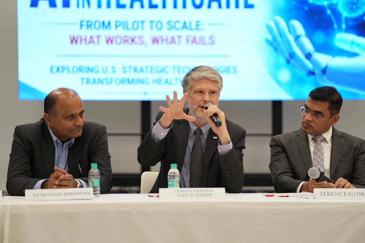 USAndMumbai's tweet photo. American SI-powered tools are improving treatments, reducing diagnostic errors, and accelerating medical research. ConGen Mumbai collaborated with @MicrosoftIndia, @PwC_IN, and @iaccindia to chart the roadmap for deploying cutting-edge U.S. SI technology across India’s healthcare sector, for a safer and healthier tomorrow.