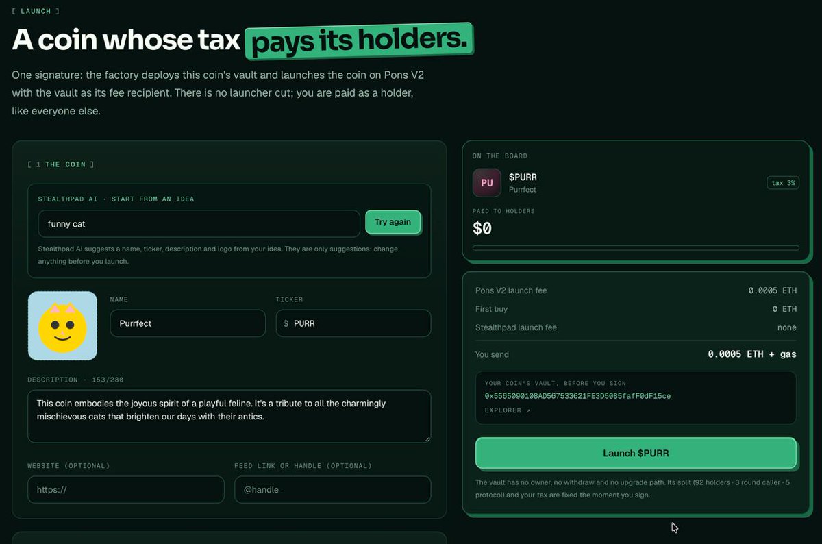 stealthpadRH's tweet photo. New on Stealthpad: Stealthpad AI.

Got an idea for a coin but no name, ticker or logo yet? Type it in one line on the launch page, and Stealthpad AI suggests a name, a ticker, a description and a logo in about ten seconds.

"a shy octopus who paints tiny murals underwater" became Tintacle, $TINT.

Everything stays editable, and you still sign the launch yourself. The tax still goes to the coin's vault, not to the dev.

https://t.co/JG8dMSWkNH $GASS 

0xe073f0262b0cb1f55bc15229729750cd7bba236a