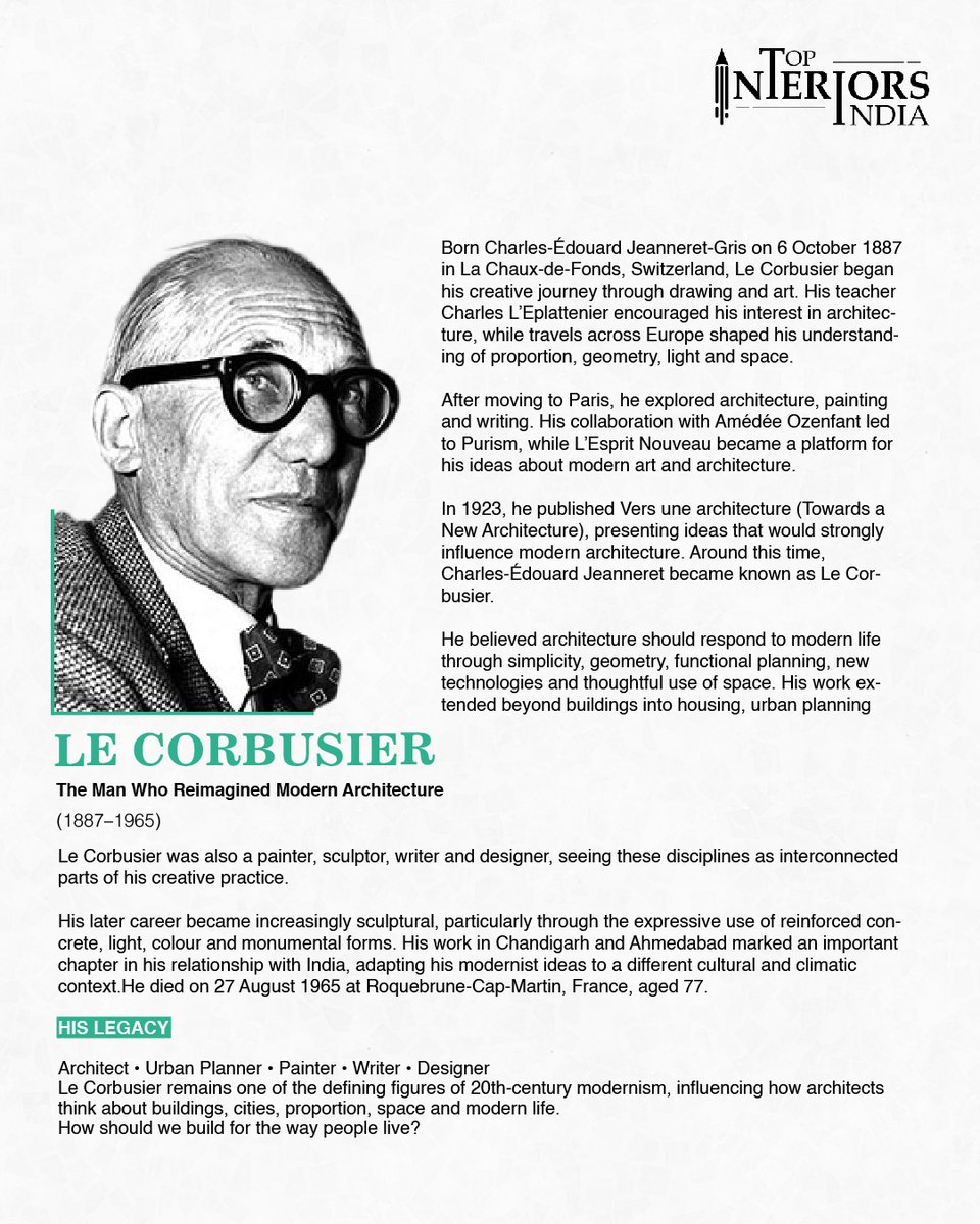 topinteriorsin's tweet photo. REMEMBERING LE CORBUSIER ON HIS BIRTH ANNIVERSARY

Born on 6 October 1887, Le Corbusier became one of the most influential figures of modern architecture, transforming ideas of form, function, proportion and space. https://t.co/wWqrwDJw0D