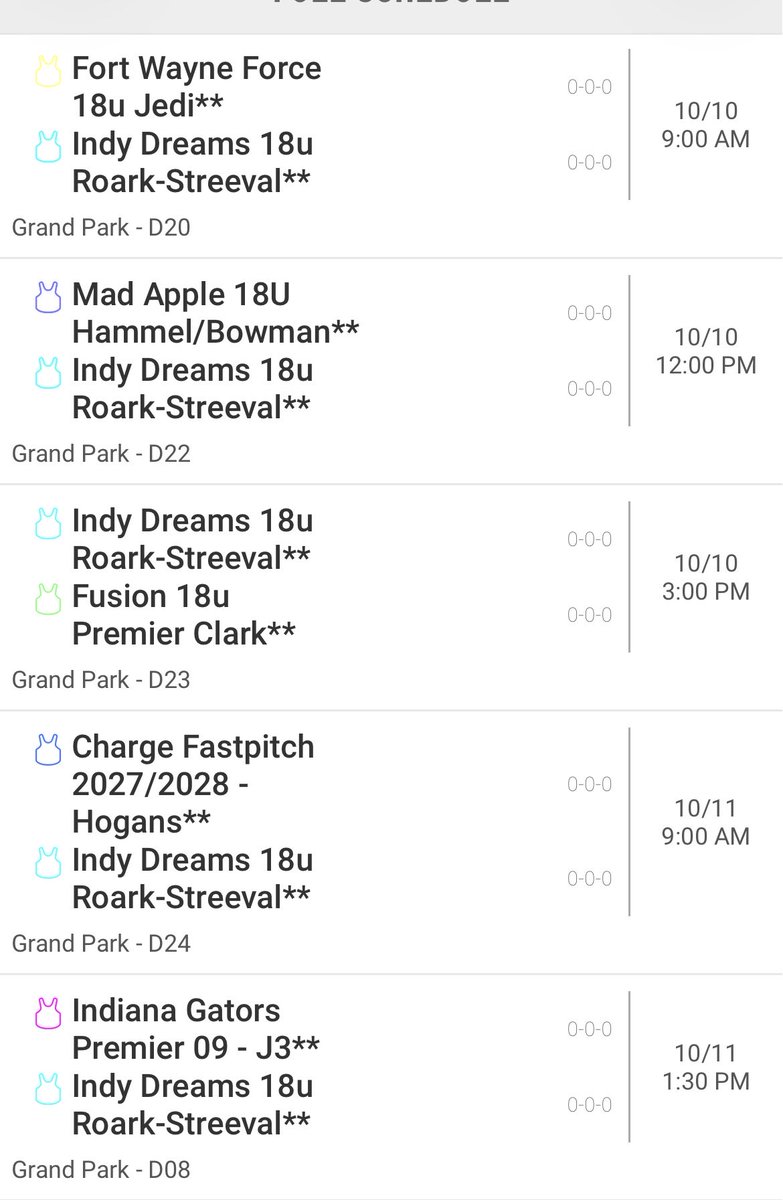 HarperD2029's tweet photo. Here’s my schedule for Indy top 100! Looking forward to a great weekend! @DreamsRoark @Pmurphy08 @MegPlesko9 @NKUNorseSB @midwaysoftball1 https://t.co/CcFPus3tWw