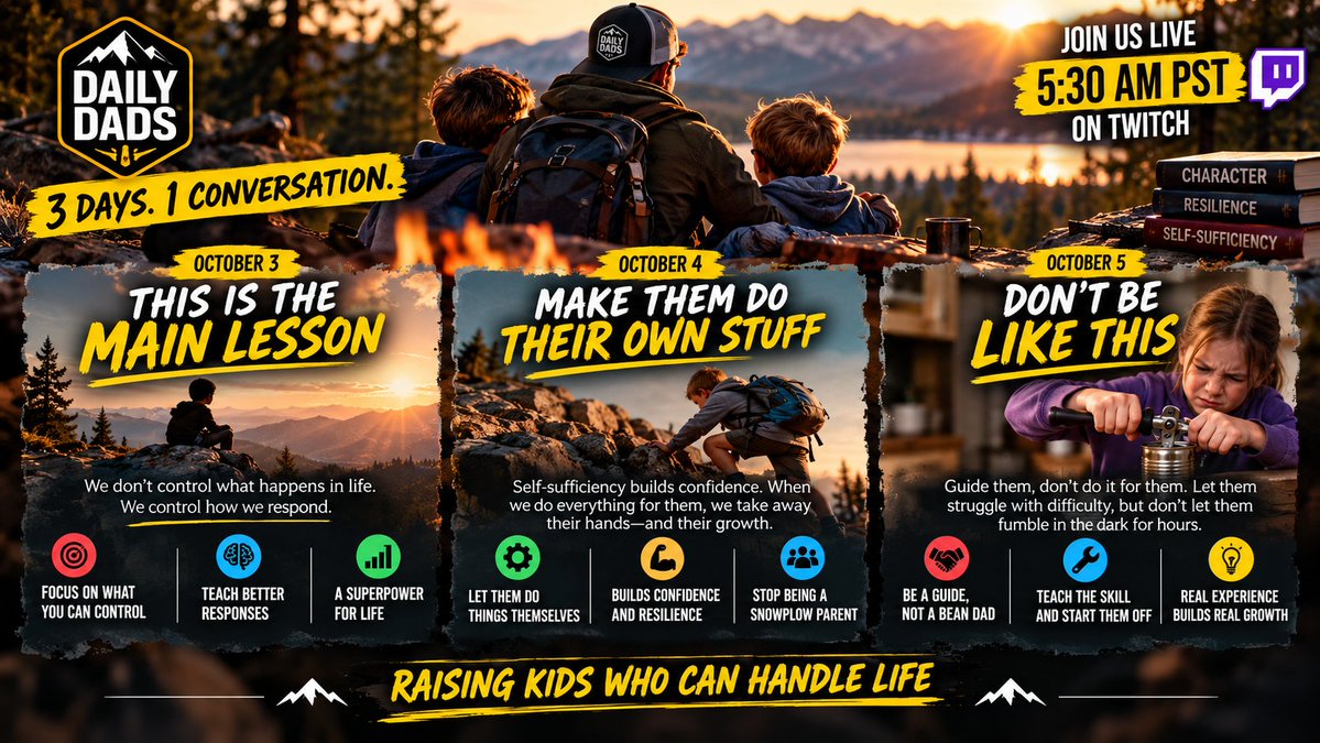 MyDailyDads's tweet photo. WE’RE LIVE — and today we’ve got THREE readings to unpack.

What should our kids handle themselves? When should we step in? And how do we teach them to focus on what they actually control?

Today: raising kids who can handle life.

#DailyDads #Parenting #DadLife #Resilience
@DRouzaud @FaithIronFit @Beuks605 @veeamigos