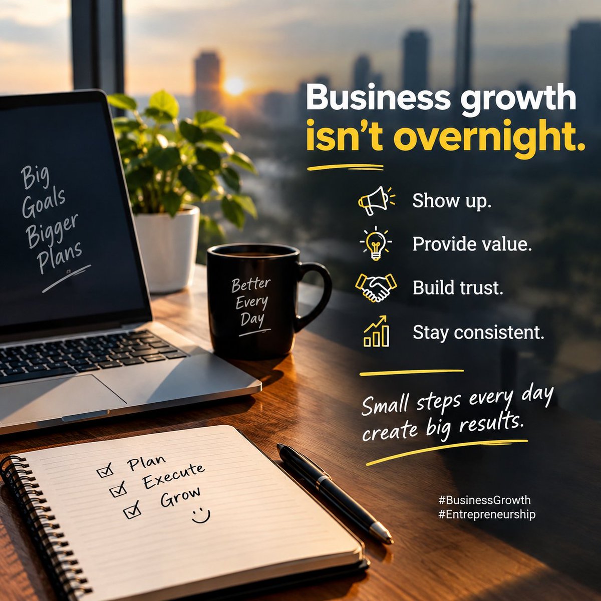 rm61622's tweet photo. Business growth isn’t overnight. 🚀

Show up.
Provide value.
Build trust.
Stay consistent.

#BusinessGrowth
 #Entrepreneurship 
#suscess 
#growth 
#business https://t.co/YGK0vuPgrm