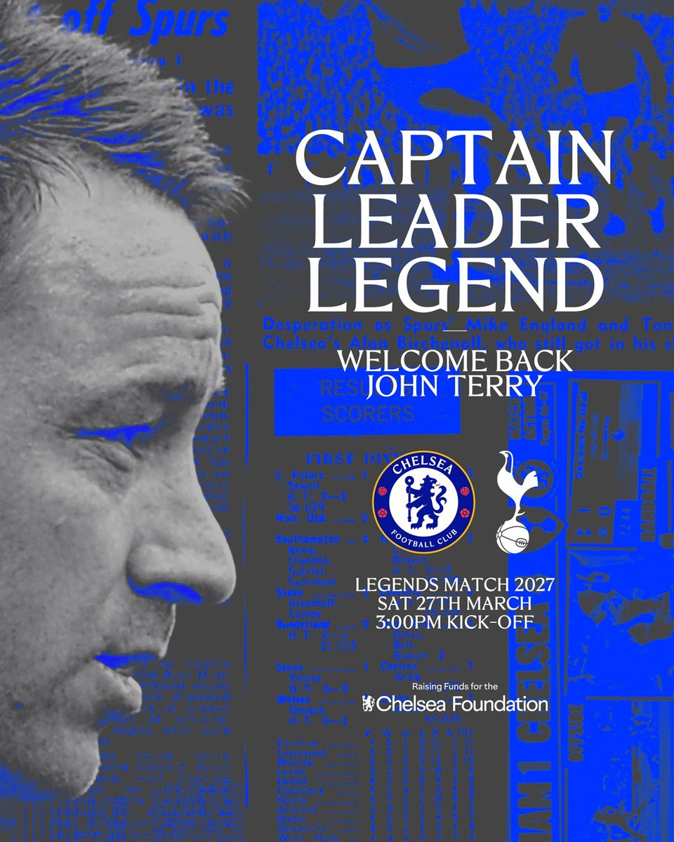 ChelseaFC's tweet photo. Captain, leader, legend.
 
John Terry will be back at SB for Chelsea FC Legends vs Spurs Legends on Sat 27 March. 👏 
 
Tickets are now on sale to Season Ticket holders. All proceeds supporting @CFCFoundation! 🎫