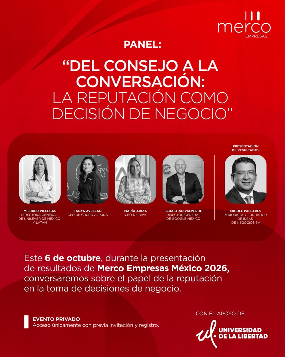 somosmerco's tweet photo. Este 6 de octubre, en la presentación de resultados de #MercoEmpresasMéxico 2026, conversaremos sobre el papel de la reputación en la toma de decisiones de negocio, junto a líderes de @unilevermx, @alpuraoficial, @biva_mx y @googleespanol. 

Moderador: @MiguelPallares https://t.co/wwX5Hmcc1G