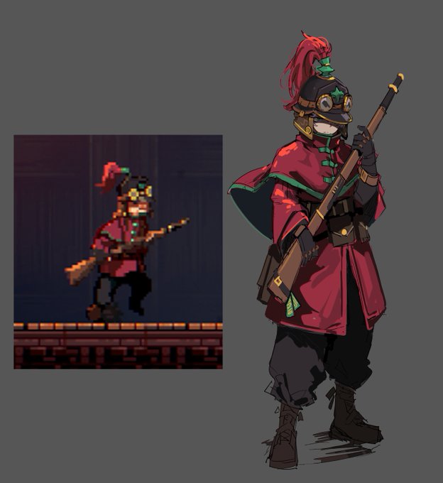 The artwork features a detailed modern reinterpretation of the pixelated character "INARI," showcasing her signature red-plumed helmet, goggles, and crimson coat while wielding a rifle. The side-by-side comparison illustrates the game's pixel art original alongside its fully illustrated concept version, highlighting the gamedev transformation process.