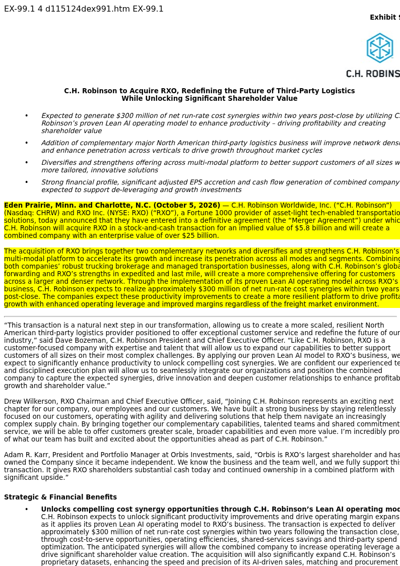 trmnl_data's tweet photo. $CHRW: $5.8B RXO Acquisition, $175M Break Fee

• CHRW acquires RXO at $30.25/share ($5.8B EV), 29% premium; ~57% cash, 43% stock; RXO shareholders retain ~11% of combined entity.
• $300M net run-rate cost synergies targeted within two years via Lean AI model; mid-teens adjusted EPS accretion guided for 2028.
• Bridge facility is 364-day senior unsecured paper — CHRW faces hard refinancing deadline post-close, creating concentrated capital markets execution risk.