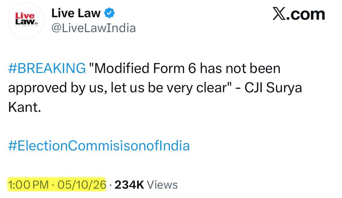 rajuparulekar's tweet photo. 🆘 SIR is ILLEGAL ! 

❌ The ECI has deleted the Press Note dated 26-09-2026 from its website and also the X post announcing it. 

26-09-2026: Gyanesh Kumar led ECI told the Nation that changes in Form 6 were “upheld by the Supreme Court”.

05-10-2026: The Supreme Court clarifies that it has not approved the Modified Form 6 (which includes the Declaration).

⚠️ The RTI response to transparency activist Anjali Bharadwaj ji has clarified that SIR has not been initiated in ECI. 

❓So what else does a Nation of 1.4 billion need to kick out the incompetent CEC who is busy manufacturing the mandate for the Regime❓

⚠️ The Opposition should call for annulment of the West Bengal elections, which were held after the dubious SIR. 

⚠️⚠️ The Opposition should immediately petition the President of India for imposition of President’s Rule in West Bengal, under Article 356 of the Constitution.